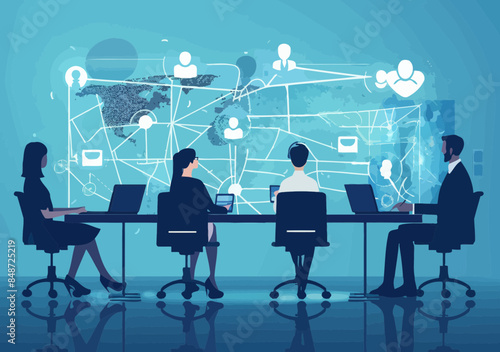 Remote Business Meeting Over Digital Network, Team Collaboration with Laptops, Teleconferencing Technology, Modern Office Environment, Blue Minimalistic Vector Illustration