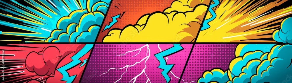 Obraz premium Retro comic panels with dramatic thunder effects, Whimsical, Vivid, Digital Art, Dynamic energy