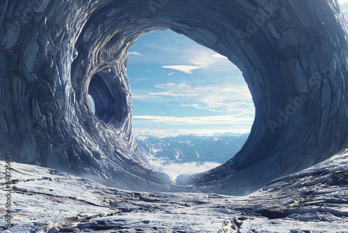 Scenic view from a large ice cave with a clear blue sky backdrop, showcasing an impressive natural ice formation in winter. photo