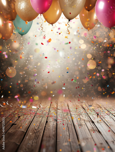 Festive golden yellow and red balloons hanging from above with colorful confetti falling all around over a wood plank floor, vertical with room for copy space custom text