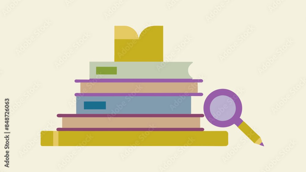 A stack of books with a magnifying glass and a pencil on top. Stack of books, magnifying glass, and pencil. A stack of books with a magnifying glass and a pencil on top. Stack of books, magnifying glass, and pencil.