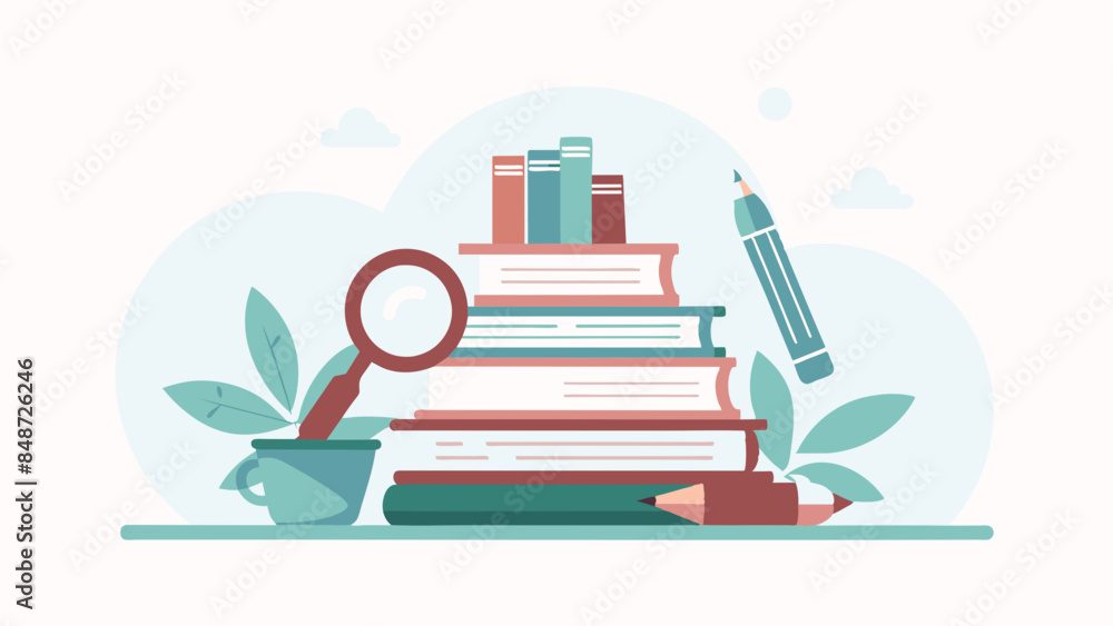 A stack of books with a magnifying glass and a pencil on top. Stack of books, magnifying glass, and pencil. A stack of books with a magnifying glass and a pencil on top. Stack of books, magnifying glass, and pencil.
