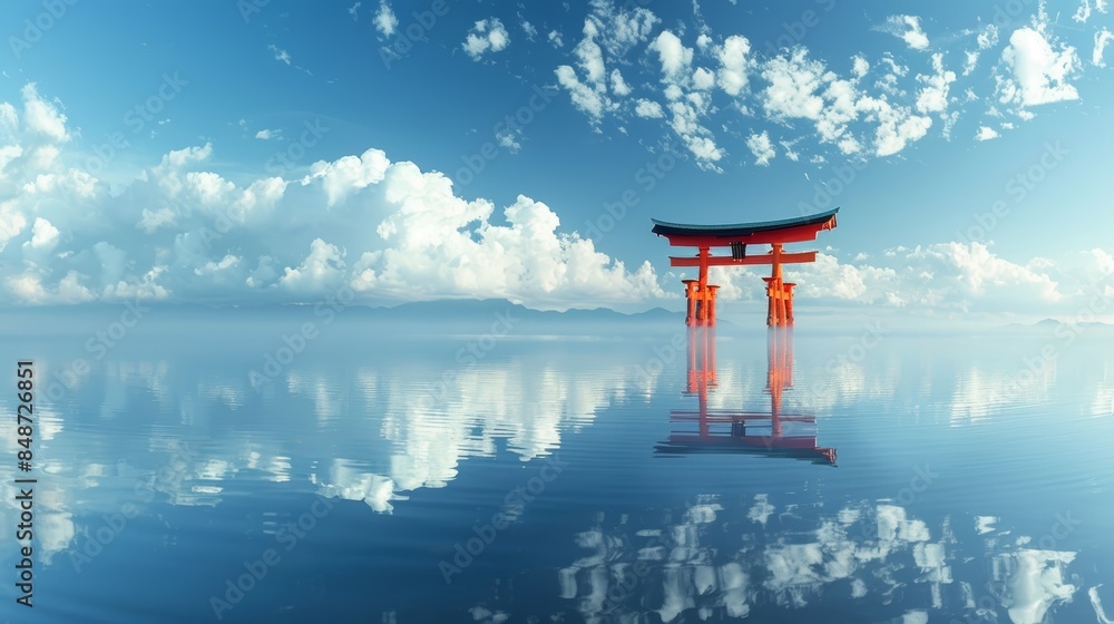 An iconic Torii Gate standing in the middle of a serene body of water An iconic Torii Gate standing in the middle of a serene body of water