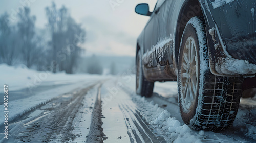 Car is parked on the road with a winter landscape. Close-up of a car wheel with a rubber tire for winter weather