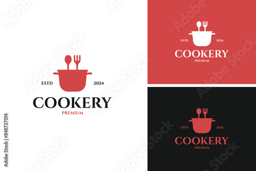 Stew pan with fork spoon logo design for cooking, cuisine, cookery template vector illustration idea