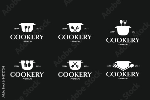 Stew pan with fork spoon logo design for cooking, cuisine, cookery set collection template vector illustration idea