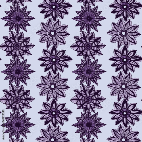 Seamless pattern with hand-drawn style purple flowers for wedding, anniversary, birthday or party. Design for banner, poster, card, invitation or scrapbook