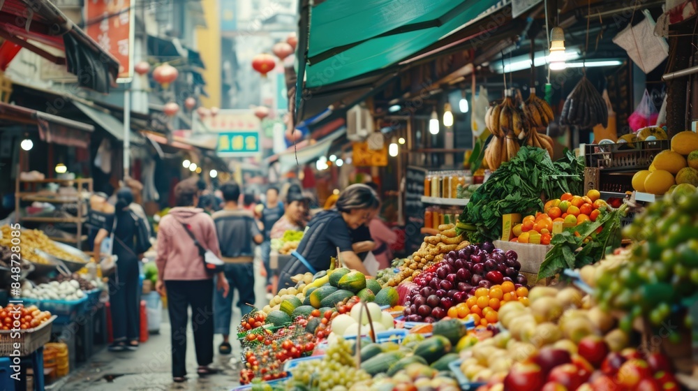Obraz premium Vibrant Asian Street Market with Colorful Fruits, Vegetables, and Spices in Busy City Setting