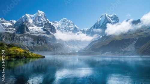 A serene lake surrounded by snow-capped mountains, clear blue water reflecting the peaks, early morning mist rising, calm and breathtaking atmosphere