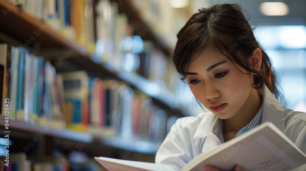 Dedicated Medical Student Engrossed in Studying with Books in Blurred Library Background Dedicated Medical Student Engrossed in Studying with Books in Blurred Library Background