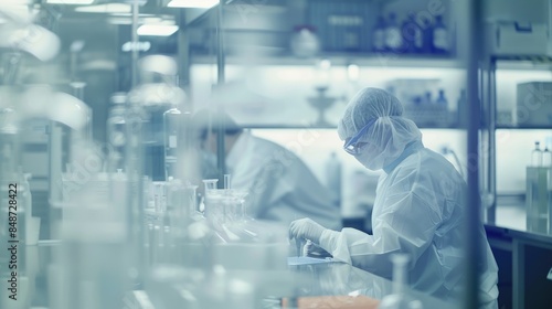 Focused Medical Researcher in Lab with Blurred Scientific Equipment Background