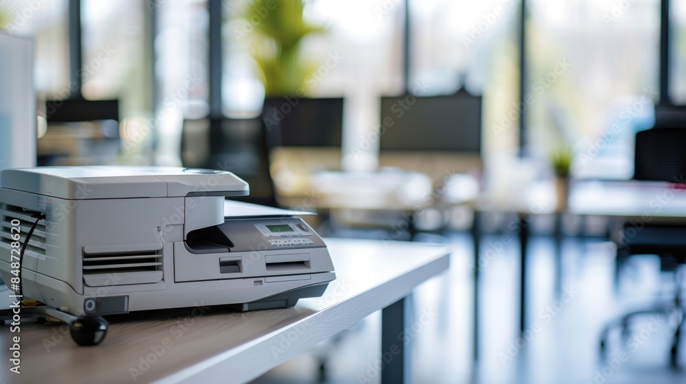 High-Tech Office Printer Station with Modern Design and Blurred Background of Busy Workspace and Large Windows High-Tech Office Printer Station with Modern Design and Blurred Background of Busy Workspace and Large Windows