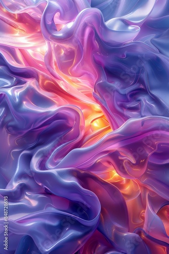 Abstract Close-Up of Iridescent Flowing Fabric in Pink and Purple Hues with Glowing Light Accents Creating a Dreamy and Ethereal EffectAbstract