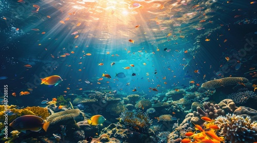Tropical Paradise: Colorful Underwater Scene with Vibrant Fish, Coral Reefs, and Sunlight Rays