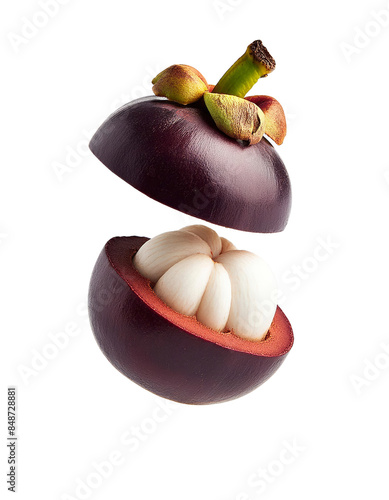 Fresh mangosteen fruit digitally separated to show the outer shell and white flesh inside. Isolated on white background. photo