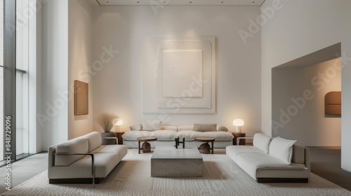 a refined and minimalist sitting area with sparse furniture arrangements, centered around a pristine white canvas on one wall © Goeth