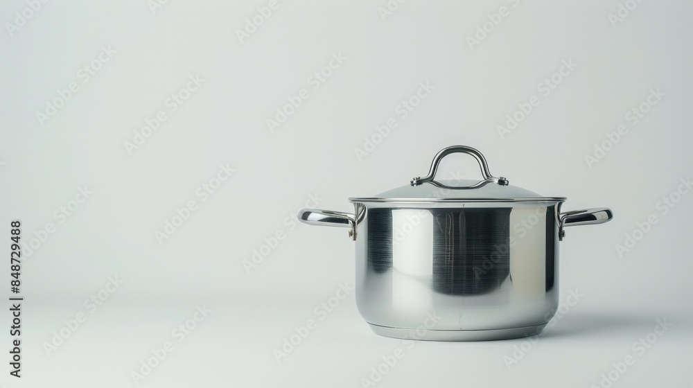 A stainless steel pot isolated against a white backdrop A stainless steel pot isolated against a white backdrop