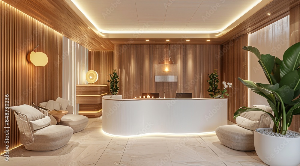 Luxurious hotel lobby reception area featuring a white curved front desk, wooden walls and ceilings, modern style with plants, warm lighting, and high-end furniture. Luxurious hotel lobby reception area featuring a white curved front desk, wooden walls and ceilings, modern style with plants, warm lighting, and high-end furniture.