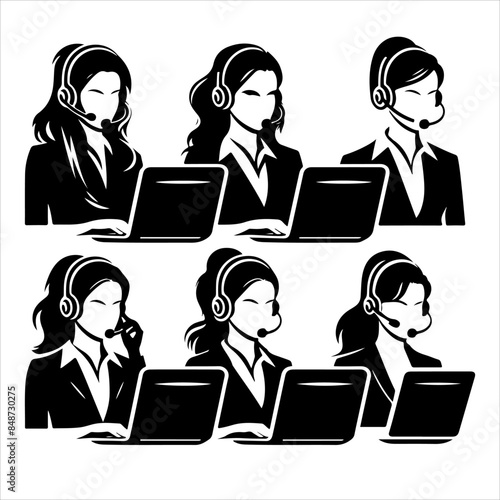 Call center woman silhouette vector with a headset microphone, IT support, customer service, customer support, call center
