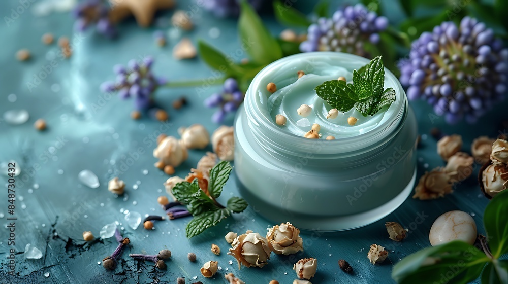 Shea butter lotions and creams on a light blue background with fresh herbs and decorative stones. Shea butter lotions and creams on a light blue background with fresh herbs and decorative stones.