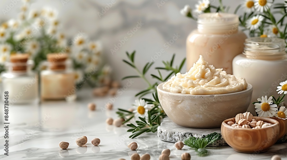 Shea butter lotions and creams arranged on a marble surface with fresh herbs and small stones. Shea butter lotions and creams arranged on a marble surface with fresh herbs and small stones.