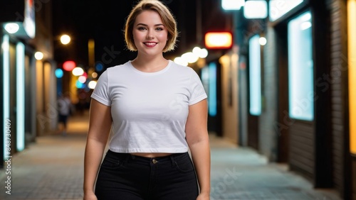 Plus size young woman with short hair wearing white t-shirt and black jeans standing in a city alley at night © QuoDesign