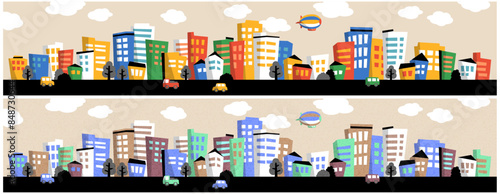 Long cityscape of cute colorful buildings. With cars and airship. Vector illustration of flat design.