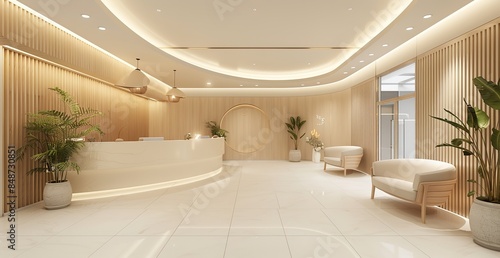 Modern Medical Beauty center Lobby with Elegant Reception Desk and Soft Illumination, Interior Design Concept © rui
