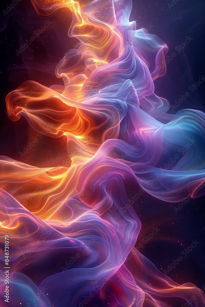 Abstract Vivid Cosmic Wavy Light Trails with Multicolored Gradient Hues of Purple, Orange, and Blue in Glowing Fluid Motion Against a Dark Starry Backgroundabstract Abstract Vivid Cosmic Wavy Light Trails with Multicolored Gradient Hues of Purple, Orange, and Blue in Glowing Fluid Motion Against a Dark Starry Backgroundabstract