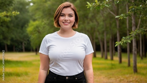 Plus size young woman with short hair wearing white t-shirt and black jeans standing in nature