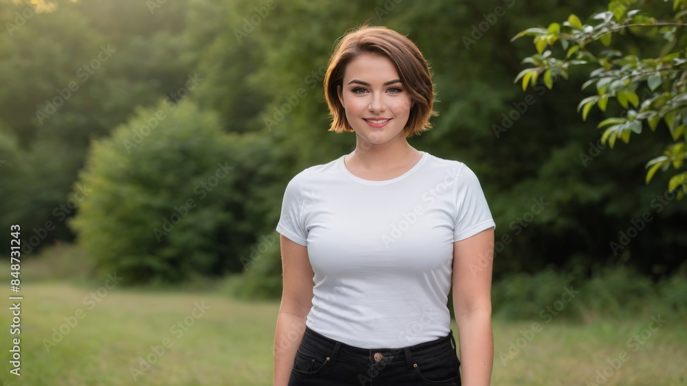Plus size young woman with short hair wearing white t-shirt and black jeans standing in nature Plus size young woman with short hair wearing white t-shirt and black jeans standing in nature