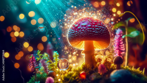 magical mushroom in a fantasy enchanted fairy tale forest.mushroom glows with an ethereal light photo