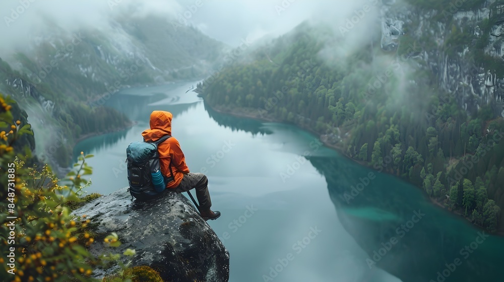 Obraz premium A hiker taking a break and admiring the scenic mountain lake view from a rock ledge