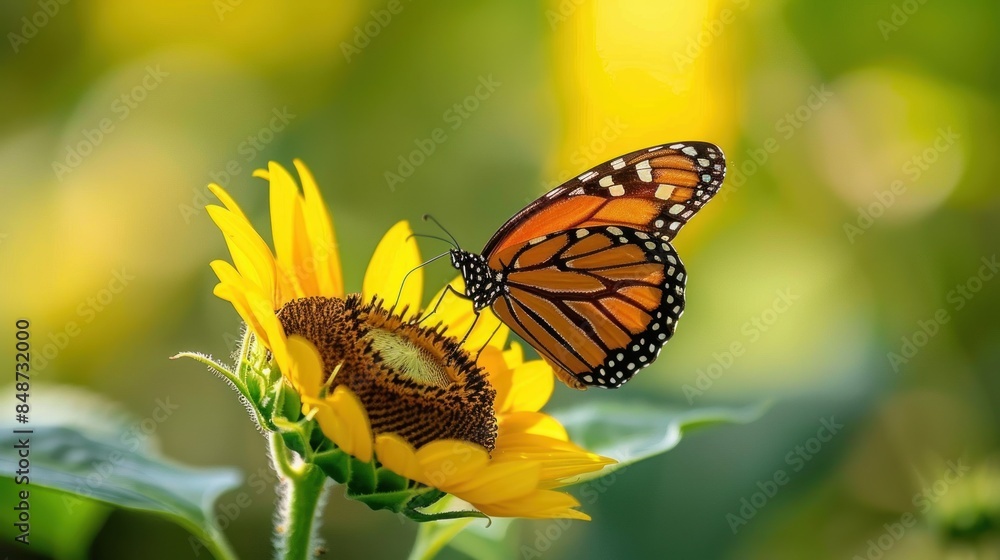 Fototapeta premium Sunflower, Monarch butterfly on sunflower.