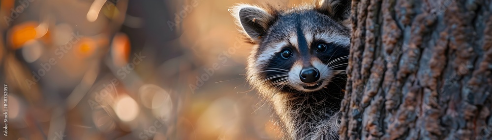 Curious Raccoon Peeking Out from Behind a Tree with Clutched Food Wildlife Portrait Concept Curious Raccoon Peeking Out from Behind a Tree with Clutched Food Wildlife Portrait Concept