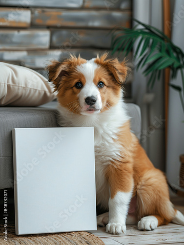 Wallpaper Mural border collie puppy sitting on the floor with a mockup frame, family home background Torontodigital.ca