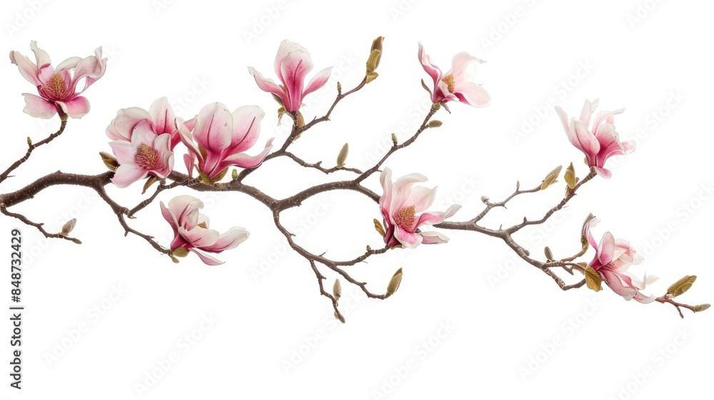 Isolated white background branch with pink magnolia flower in spring Isolated white background branch with pink magnolia flower in spring