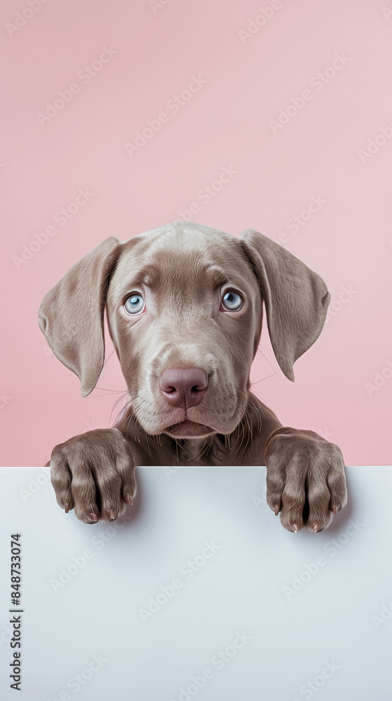 Obraz premium Cute grey puppy with blue eyes peeking over a pink background, creating a charming and heartwarming scene. 