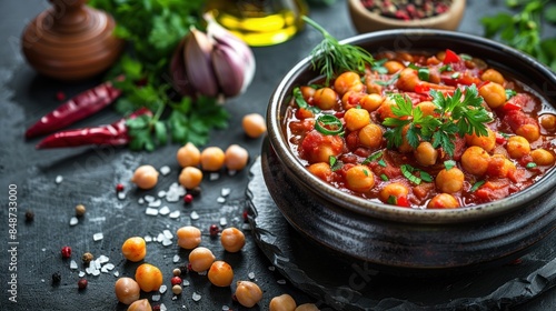 Close-up of a dish of Chole Masala, an Indian cuisine made with chickpeas and spicy tomato-based sauce, garnished with fresh herbs.