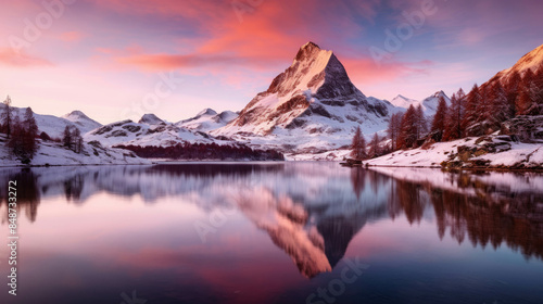 A breathtaking view of a snow-covered mountain range reflected in a tranquil lake © Katewaree