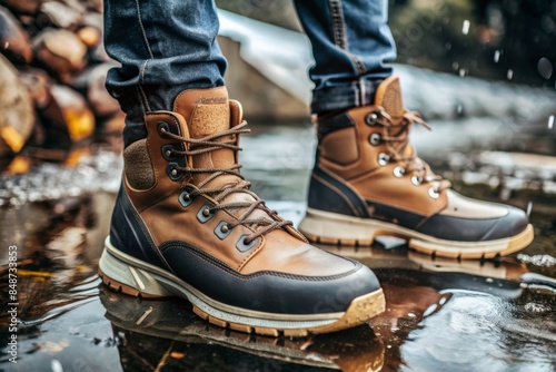 Leather hiking boot. Autumn and winter fashion footwear. Waterproof ankle shoes for outdoor activity