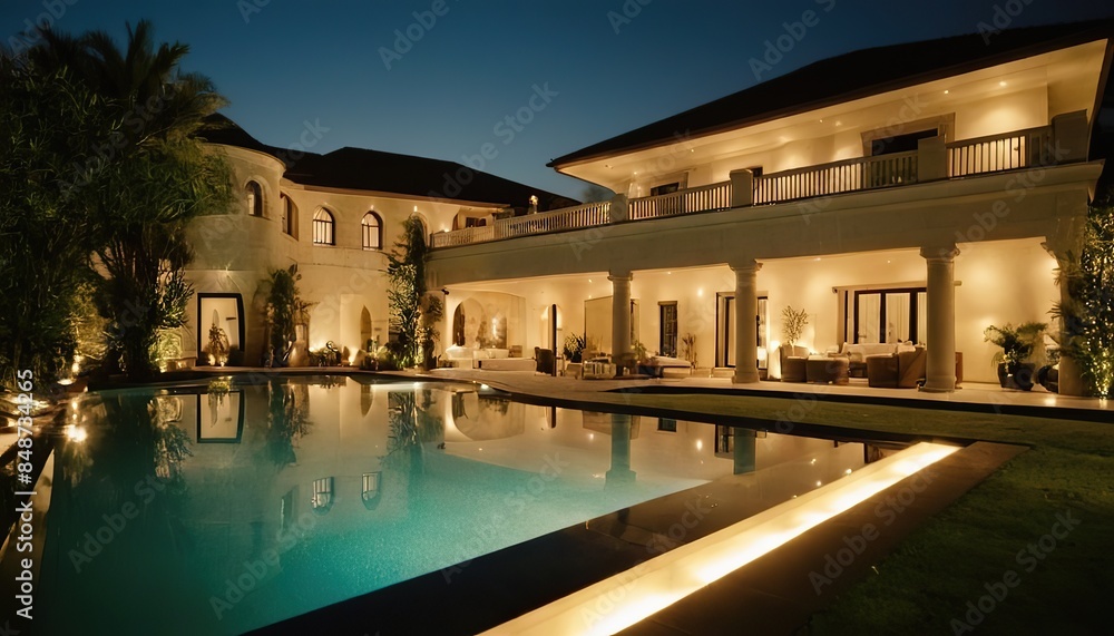 Fototapeta premium Luxury house with swimming pool at night Luxury house with swimming pool at night