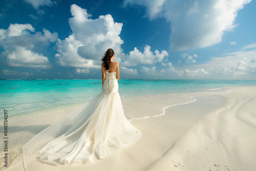 A bride in an elegant white dress stands on a beautiful beach with turquoise waters, under a bright blue sky with fluffy clouds. A bride in an elegant white dress stands on a beautiful beach with turquoise waters, under a bright blue sky with fluffy clouds.