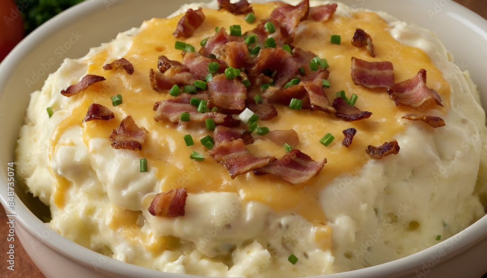 loaded mashed potatoes with bacon bits, sour cream, and melted cheese. loaded mashed potatoes with bacon bits, sour cream, and melted cheese.
