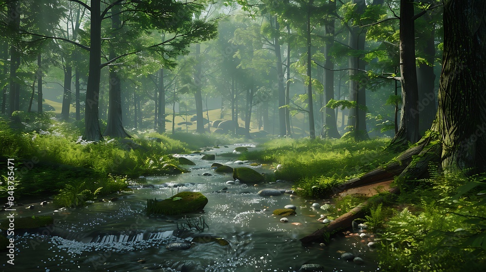 Obraz premium A serene forest with a stream flowing through it