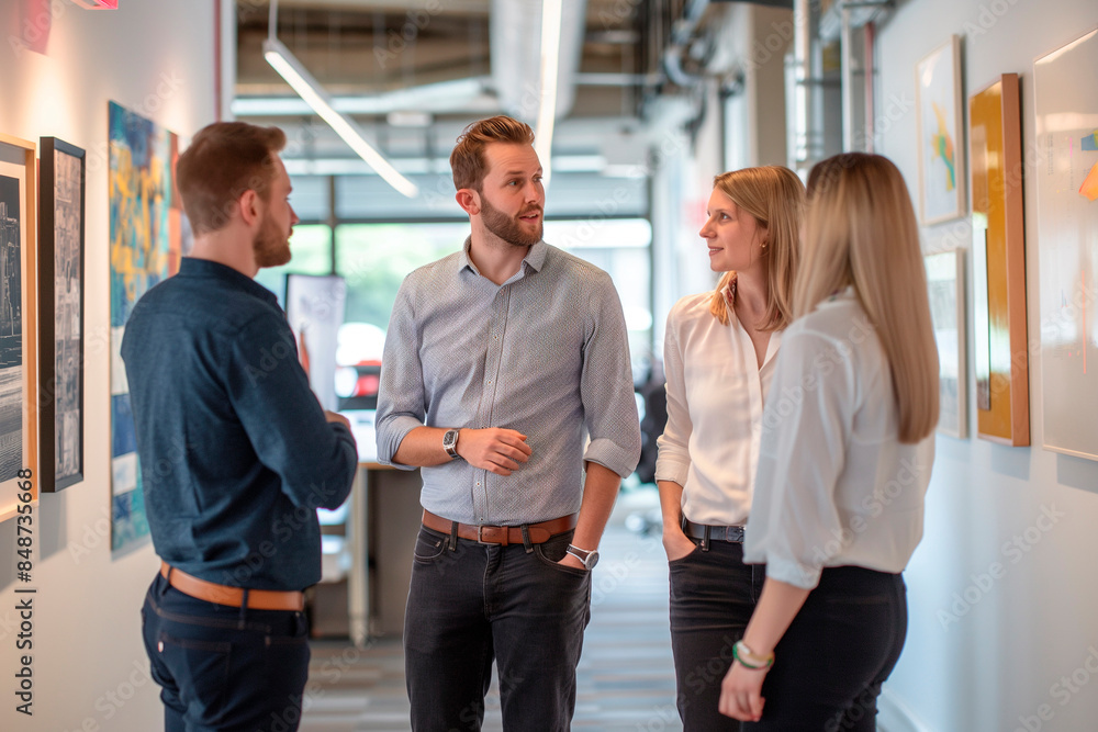 Creative design team stands in the office corridor discussing ideas Creative design team stands in the office corridor discussing ideas