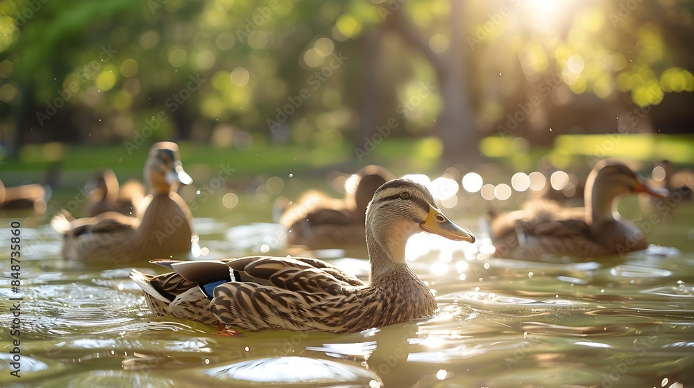 Fototapeta premium Flock of Ducks Swimming in Peaceful Farm Pond with Green Countryside Backdrop