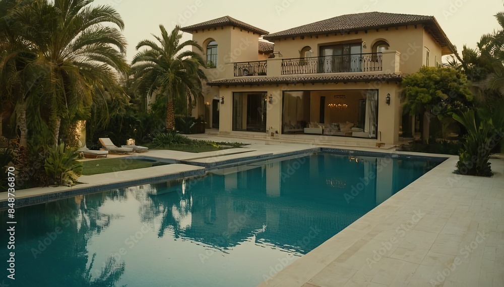 Fototapeta premium Luxurious villa with swimming pool during cloudy sunset in Bali