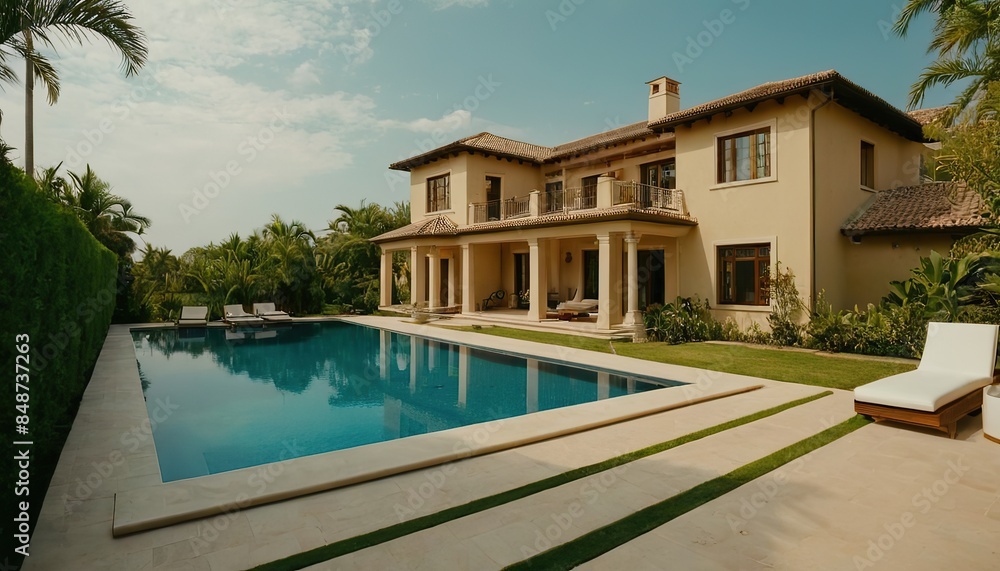 Fototapeta premium Luxurious villa with swimming pool during cloudy sunset in Bali