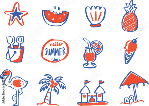 This vibrant collection of hand drawn summer icons includes a starfish, watermelon, shell, pineapple, bucket, cocktail, ice cream, flamingo, palm tree, sand castle, and beach umbrella. 